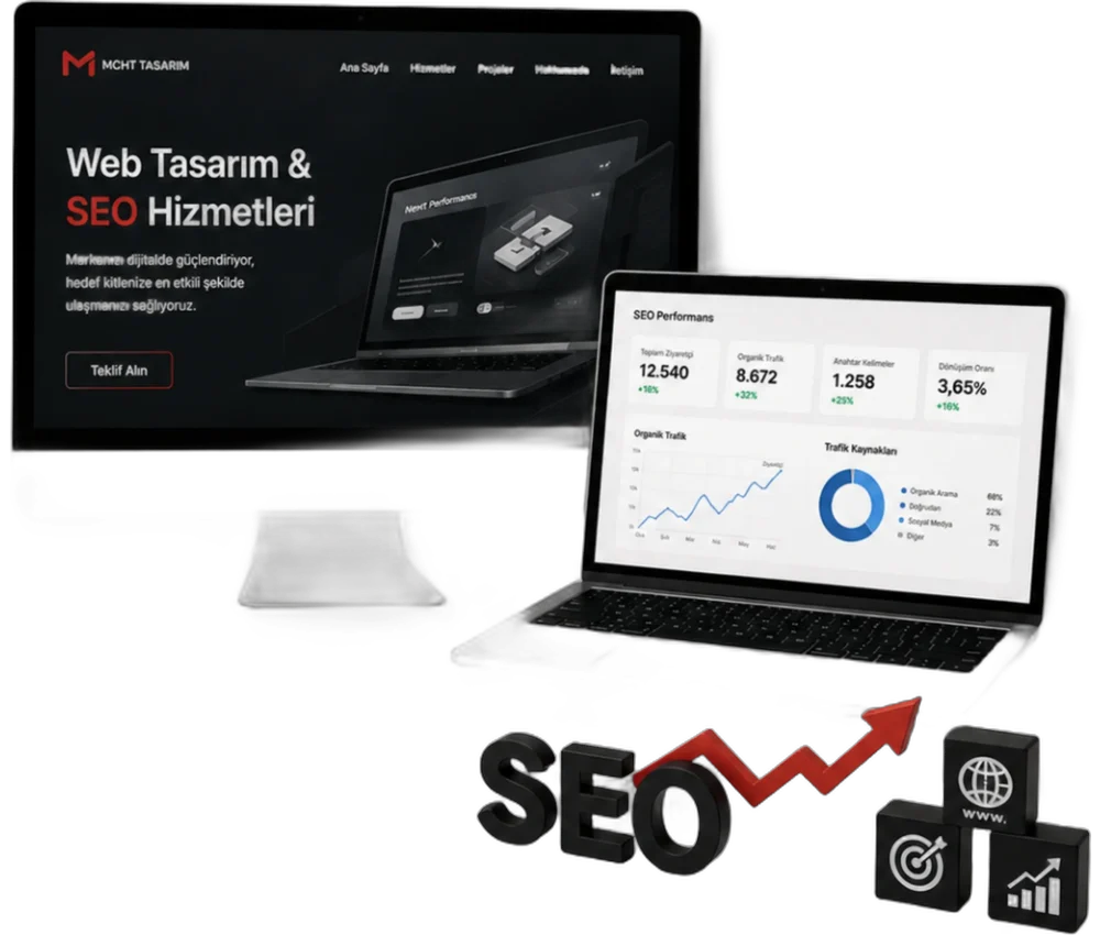 Web tasarım ve SEO hizmetleri: bilgisayar ve dizüstü ekranında kurumsal web sitesi