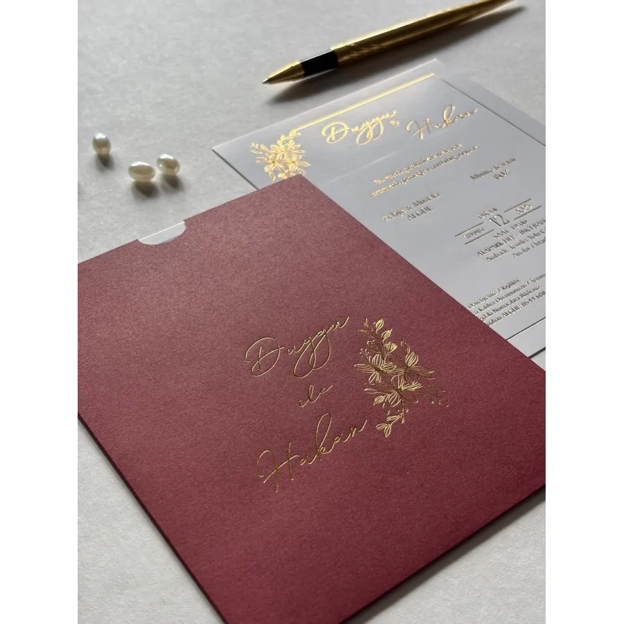 Dikdörtgen Bordo Zarf Gold Yaldızlı Davetiye 129