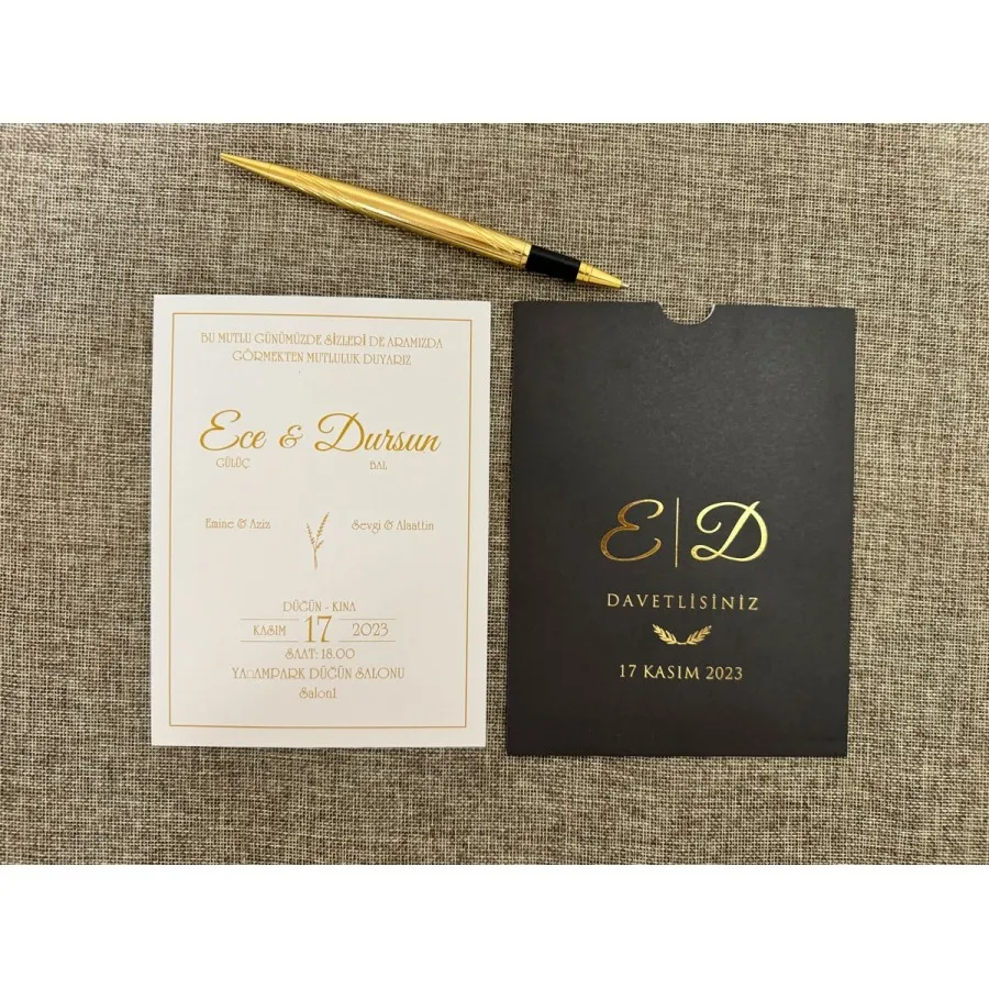 Dikdörtgen Siyah Zarf Gold Yaldızlı Davetiye 125