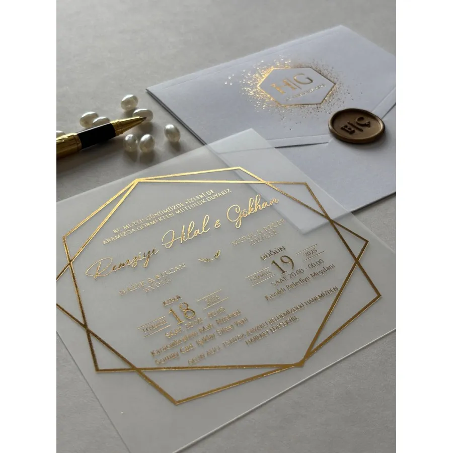 Kapaklı Beyaz Zarf Gold Yaldızlı Şeffaf Mühürlü Davetiye -425 — görsel 2