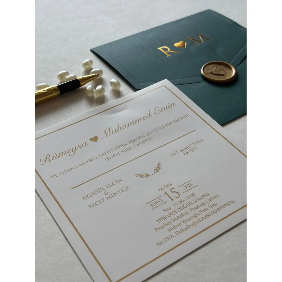 Kapaklı Yeşil Zarf Gold Yaldızlı Mühürlü Davetiye -424 — görsel 2