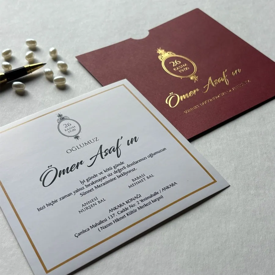 Kare Bordo Zarf Gold Yaldızlı Davetiye 53