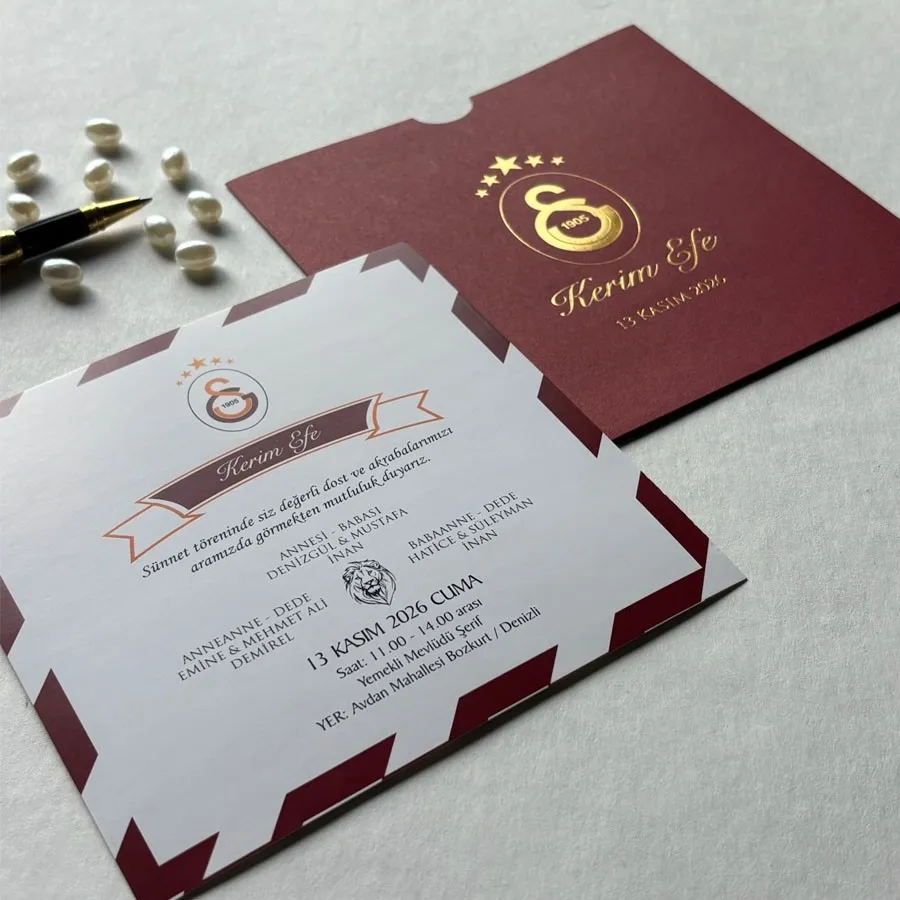 Kare Bordo Zarf Gold Yaldızlı Sünnet Davetiye 6