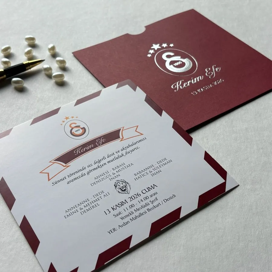 Kare Bordo Zarf Gümüş Yaldızlı Davetiye 67