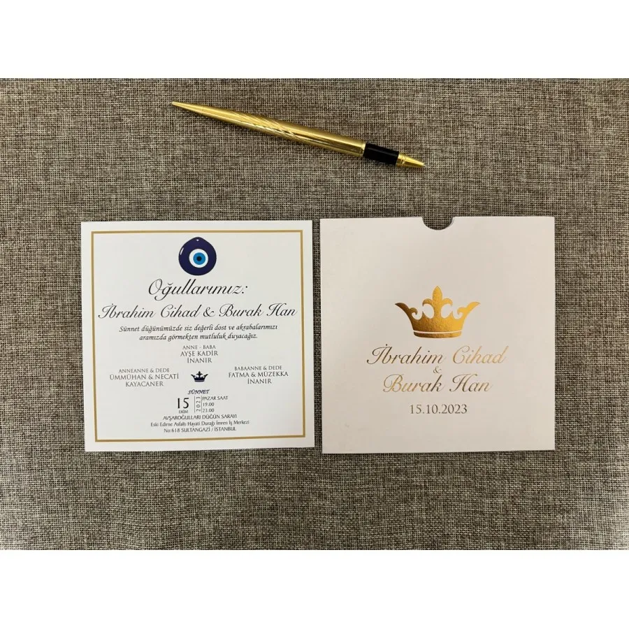 Kare Krem Zarf Gold Yaldızlı Davetiye 77