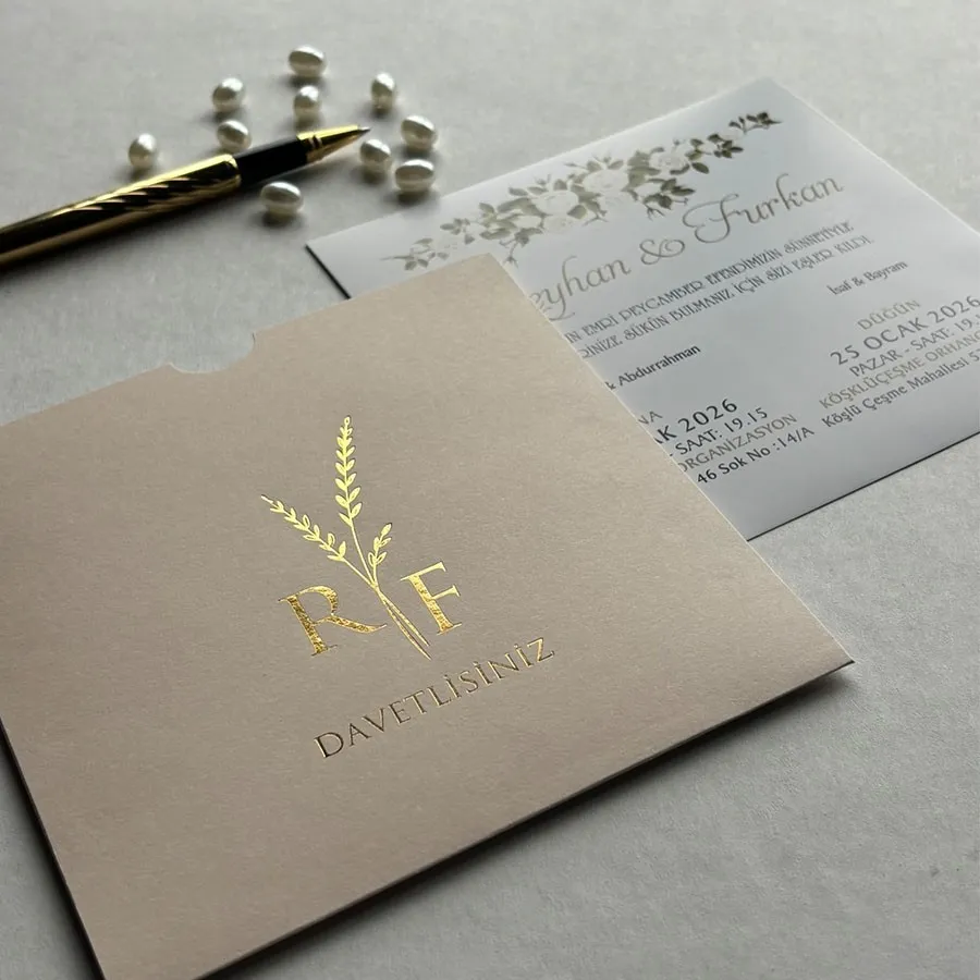 Kare Krem Zarf Gold Yaldızlı Davetiye 8 — görsel 2