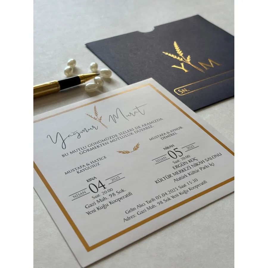 Kare Lacivert Zarf Gold Yaldızlı Davetiye 134