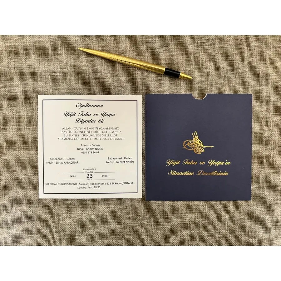 Kare Lacivert Zarf Gold Yaldızlı Davetiye 74