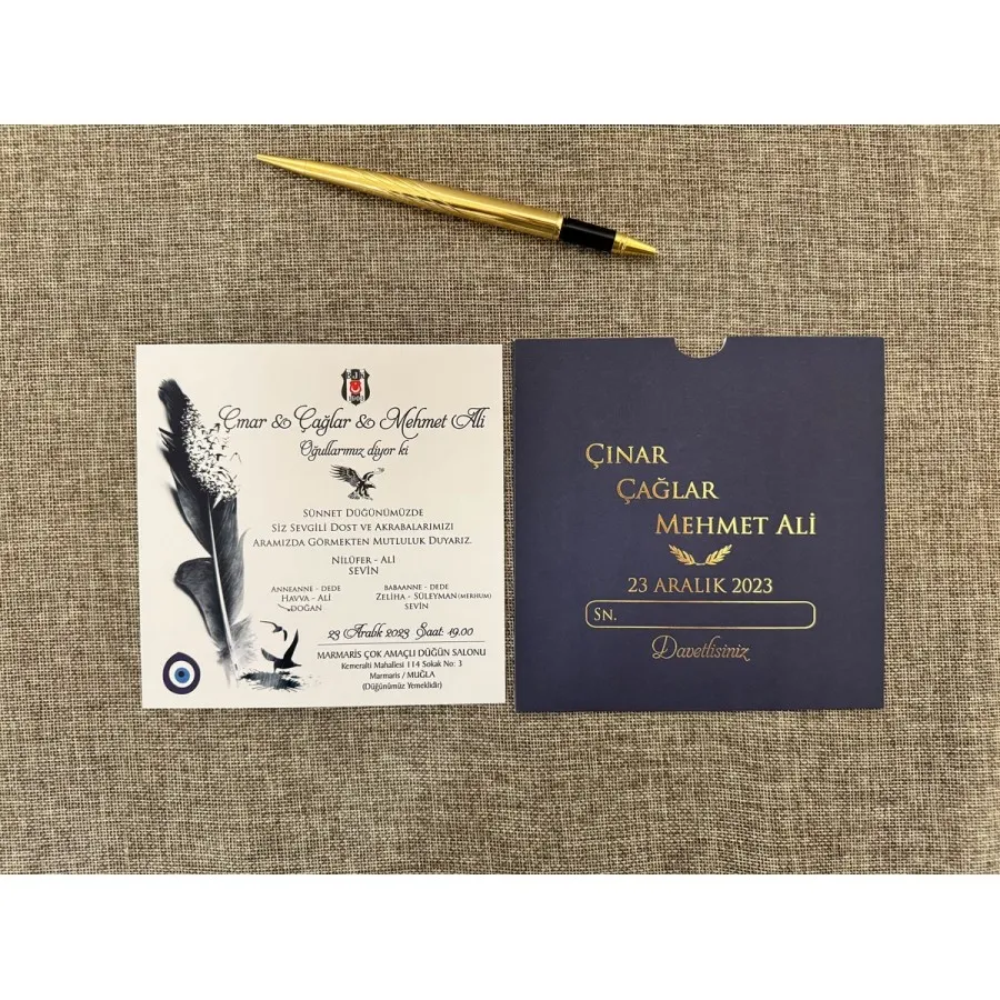 Kare Lacivert Zarf Gold Yaldızlı Davetiye 75