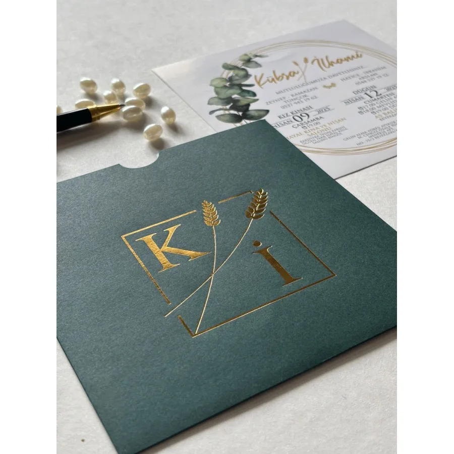 Kare Yeşil Zarf Gold Yaldızlı Davetiye 104 — görsel 2