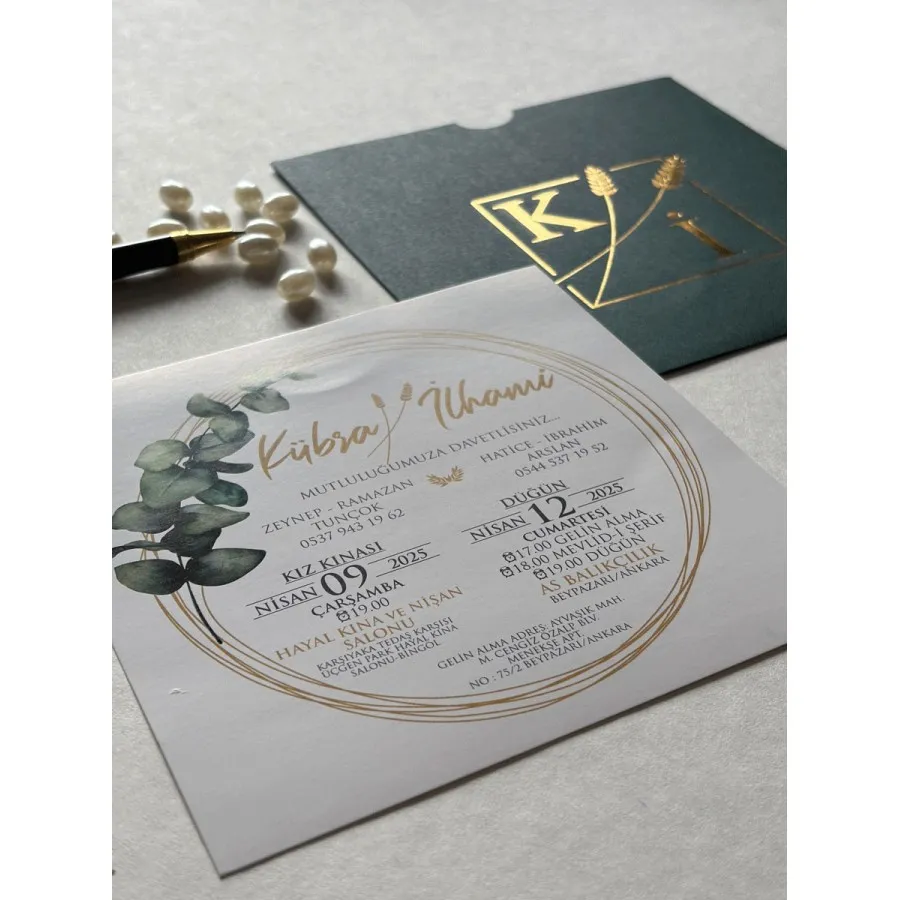 Kare Yeşil Zarf Gold Yaldızlı Davetiye 104