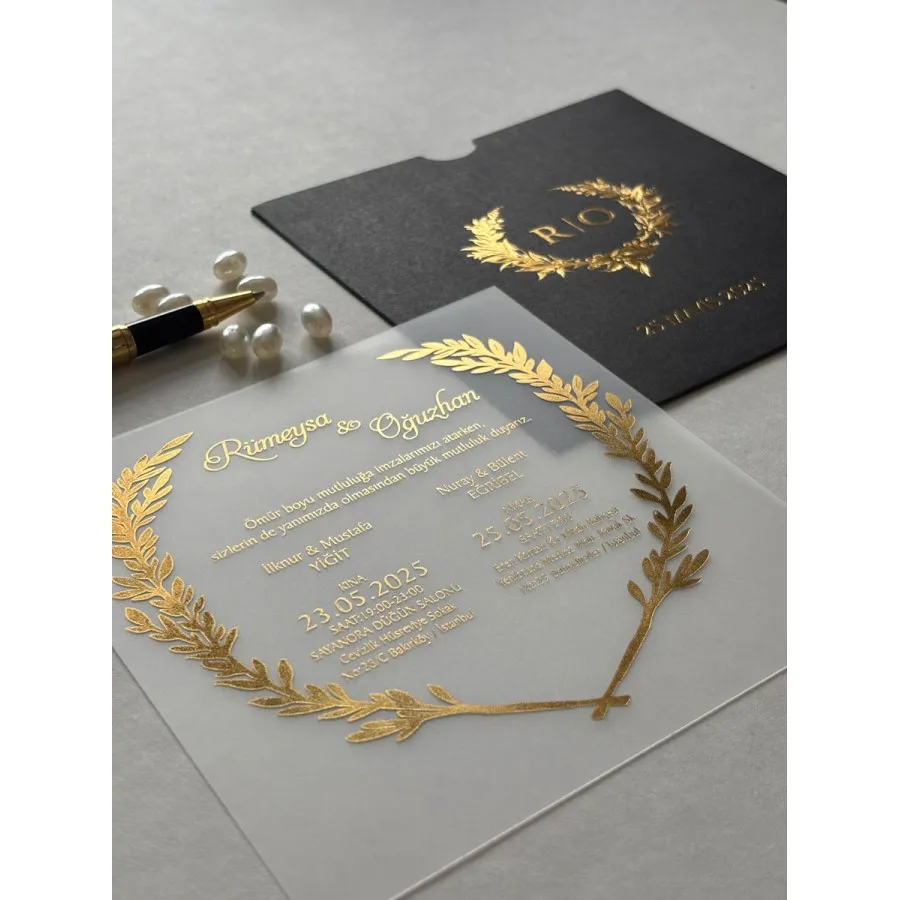Şeffaf Düğün Davetiyesi Gold Yaldızlı 208