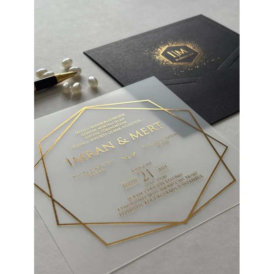 Şeffaf Düğün Davetiyesi Gold Yaldızlı 212