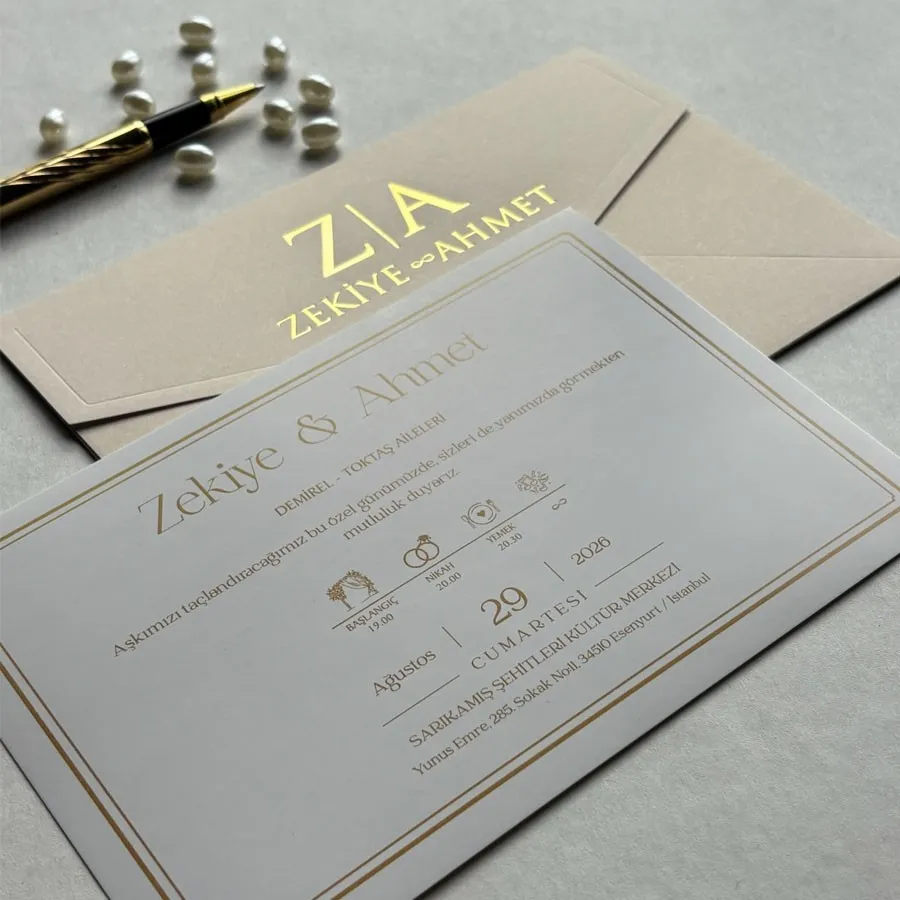 Yatay Dikdörtgen Krem Zarf Gold Yaldızlı Davetiye - 150
